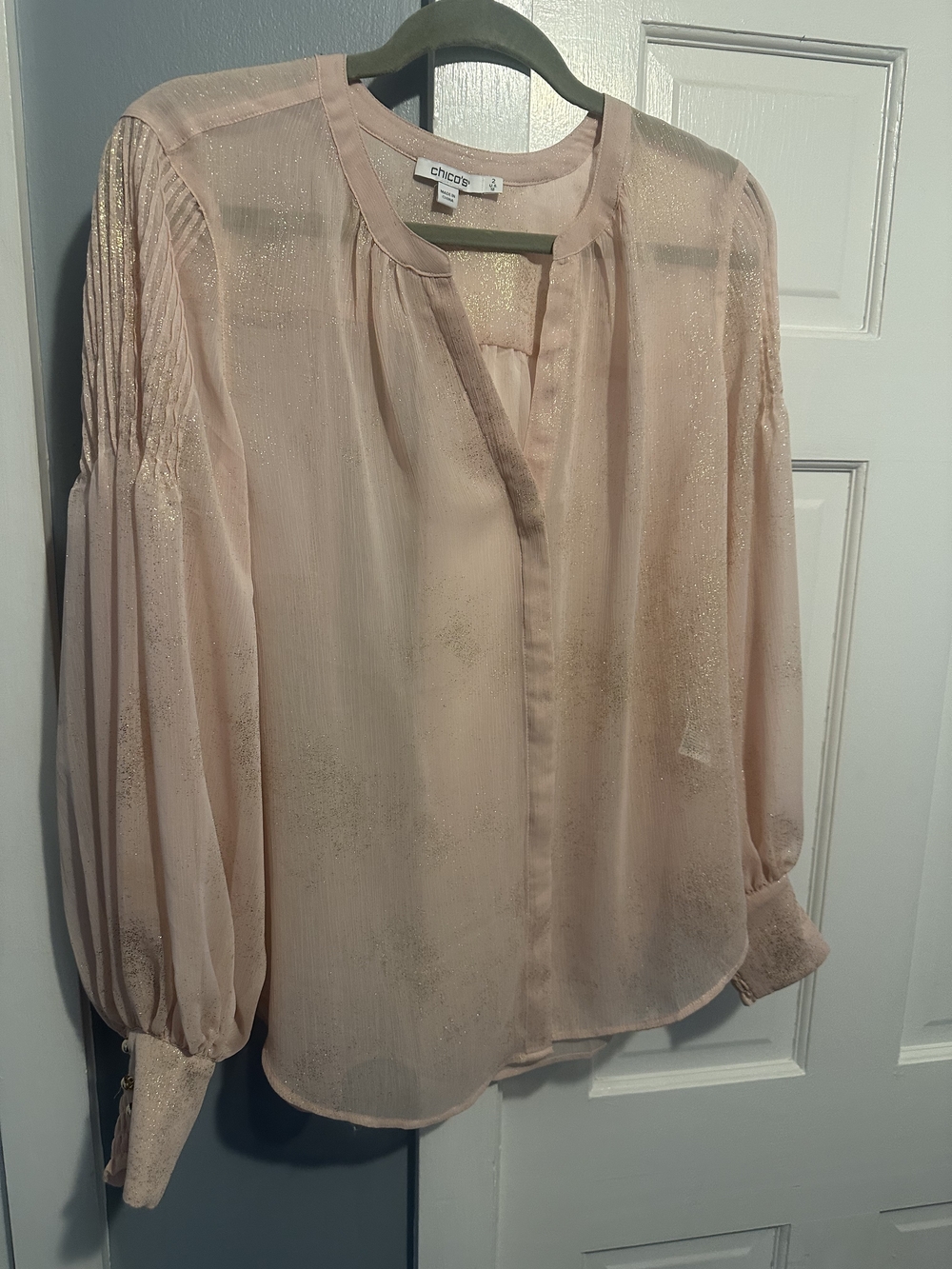 Chico's Soft Blush Pink Metallic Sheer Balloon-Sleeve Peasant Top